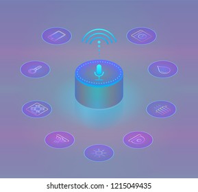 Smart speaker with voice control of your home. Voice activated devices. Isometric neon concept recognition speech, hi tech gadget. Luminous, radiant, glossy background. Vivid icons  of smart house.
