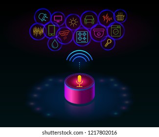 Smart speaker with voice control of your home. Voice activated devices reports the news, plays music, answers questions.  Isometric concept  recognition speech, hi tech gadget. Voice assistant 3D. iot