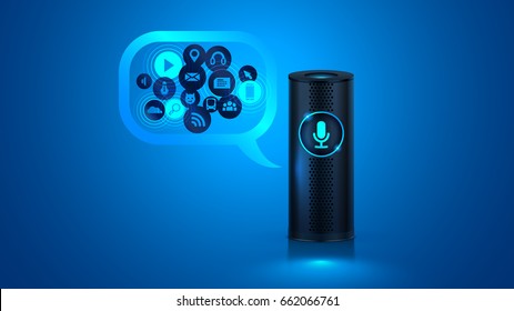 Smart Speaker With Voice Control. Voice Control Of Your Smart Home. Smart Speaker Reports The News, Plays Music, Answers Questions. VECTOR.