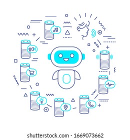 Banner web de altavoz inteligente. Asistente personal de voz, reconocimiento de charla. Infografía con iconos lineales sobre fondo blanco. Concepto creativo. Ilustración de color de contorno aislada