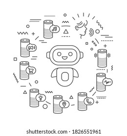 Smartphone-Webbanner. Persönlicher Sprachassistent, Gesprächserkennung. Infografiken mit linearen Symbolen auf weißem Hintergrund. Kreatives Konzept. Einziger Umriss-Schwarz-Illustration.