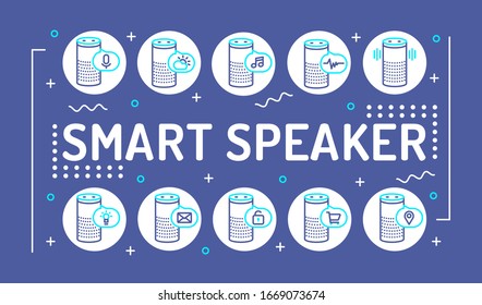 Tipografía inteligente con letras de palabras. Asistente personal de voz, reconocimiento de charla. Infografía con iconos lineales sobre fondo azul. Concepto creativo. Ilustración de color de contorno aislada