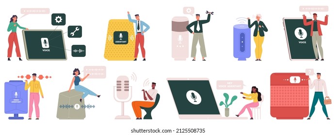 Smart speakers, characters use voice assistant, smart speaker device. Digital voice assistants, speech recognition and smart helpers vector illustration set. Voice assistants gadgets for control