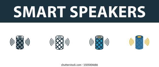 Smart Speakers icon set. Four elements in diferent styles from smart home icons collection. Creative smart speakers icons filled, outline, colored and flat symbols.