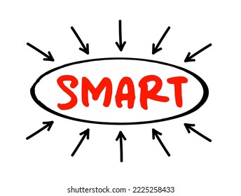 SMART - Specific, Measurable, Attainable, Relevant, Time bound acronym text with arrows, business concept background