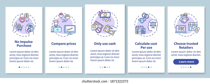 Smart spender tips onboarding mobile app page screen with concepts. Calm budget calculations walkthrough 5 steps graphic instructions. UI vector template with RGB color illustrations