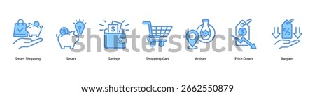 Smart Spending Decisions web banner icon vector illustration featuring Smart Shopping, Smart, Savings, Shopping Cart, Artisan, Price Down, and Bargain.