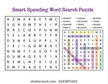 Smart Spending Word Search Puzzle with highlighted words like market, growth, capital, supply, wages, and taxes. Educational game for learning economics.