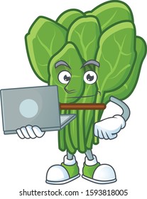 Smart spinach cartoon character working with laptop