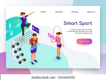 Smart Sport Isometric Vector Web Banner. People Measuring Heart Pulse with Digital Device while Doing Physical Exercises, Having Workout in Gym Illustration. Fitness Mobile Application Landing Page