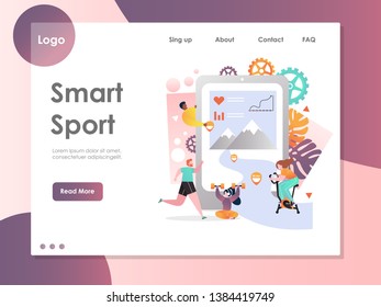 Smart sport vector website template, web page and landing page design for website and mobile site development. People using smartphone with fitness activity tracking application while doing sports.