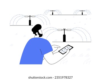Smart sprinkler system abstract concept vector illustration. Man with smartphone checks outdoor irrigation, smart sprinkler technology, ecology care, sustainable energy sources abstract metaphor.