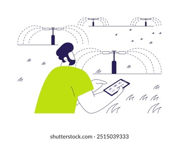 Ilustração de vetor de conceito abstrato de sistema de pulverizador inteligente. Homem com smartphone verifica irrigação ao ar livre, tecnologia de aspersão inteligente, cuidados com a ecologia, metáfora abstrata de fontes de energia sustentável.