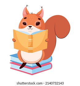 Smart squirrel reading book cartoon vector illustration. Pretty wildlife animal sitting on pile of textbooks, studying, learning new information. Rodent, education concept