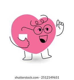 smart standing heart mascot in glasses. bossy conversation. reaction or communication emoji. vector illustration on white bg. editable stroke