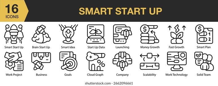 Smart Startup icon set. Includes business, smart, up, success, innovation, and More. Outline icons vector collection.
