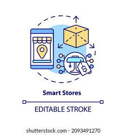 Icono de concepto de tiendas inteligentes. Tecnología moderna de servicio al cliente. Ilustración en línea de la idea abstracta de la organización de compras en línea. Dibujo de color de contorno aislado del vector. Trazo editable