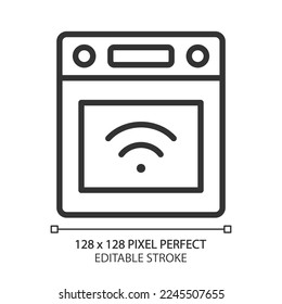 Icono lineal perfecto del píxel de la cocina inteligente. Aparato de cocina. Funciones automáticas. Dispositivo para cocinar la comida. IoT. Ilustración de línea delgada. Símbolo de contorno. Dibujo del contorno del vector. Trazo editable