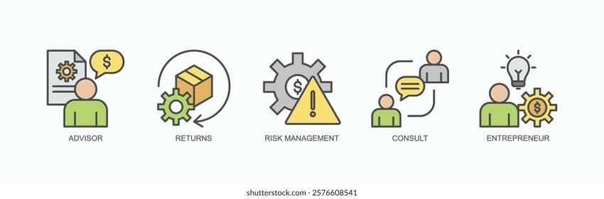 Smart Strategies Icon Set Isolated Vector With Icon Of Advisor, Returns, Risk Management, Consult, Entrepreneur In Outline Color Style