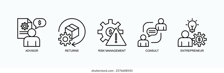 Smart Strategies Icon Set Isolated Vector With Icon Of Advisor, Returns, Risk Management, Consult, Entrepreneur In Outline Style
