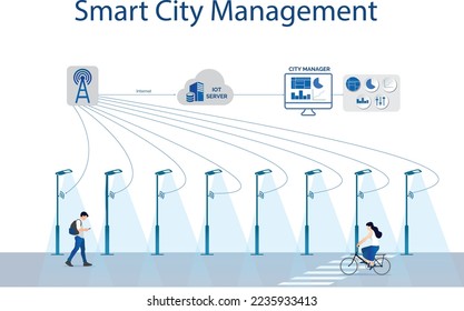 Smart street light system for a smart city flat design illustration 