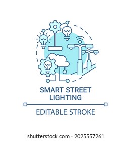 Smart Street Lighting Blue Concept Icon. Innovative Streetlights Abstract Idea Thin Line Illustration. Automatic Led Lights System. Vector Isolated Outline Color Drawing. Editable Stroke