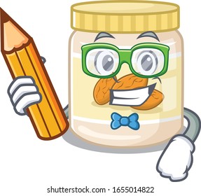 A smart Student almond butter character holding pencil