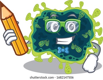 A smart student beta coronavirus character with a pencil and glasses
