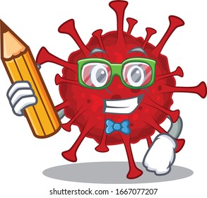 A smart student betacoronavirus character with a pencil and glasses