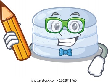 A smart Student blueberry macaron character holding pencil