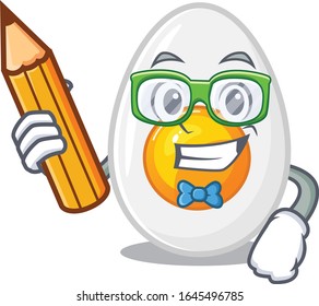 A smart Student boiled egg character holding pencil