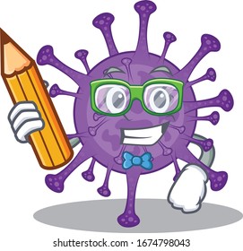 A smart student bovine coronavirus character with a pencil and glasses