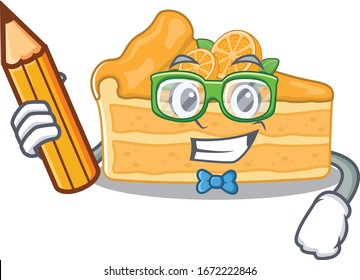 A smart student cheesecake orange character with a pencil and glasses