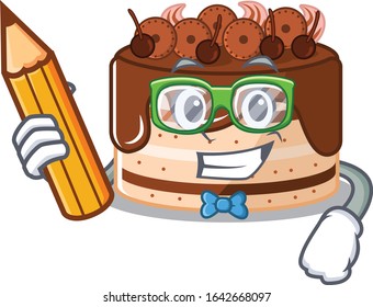 A smart Student chocolate cake character holding pencil