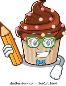 A smart Student chocolate cupcake character holding pencil