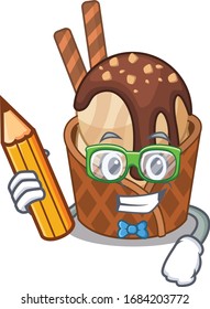 A smart student coffee ice cream character with a pencil and glasses