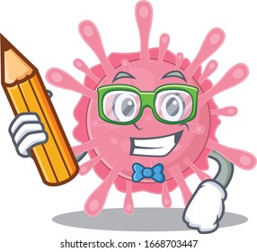 Un estudiante inteligente, personaje de germen de corona con un lápiz y lentes