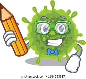 A smart student coronavirus character with a pencil and glasses