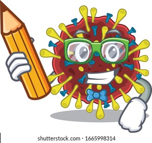 A smart student coronavirus molecule character with a pencil and glasses