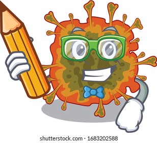 A smart student duvinacovirus character with a pencil and glasses