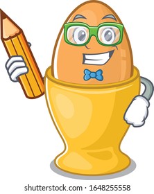 A smart Student egg cup character holding pencil