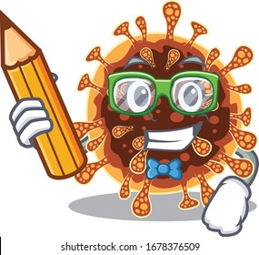 A smart student gamma coronavirus character with a pencil and glasses
