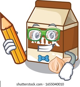 A smart Student hazelnut milk character holding pencil