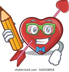 A smart Student heart and arrow character holding pencil