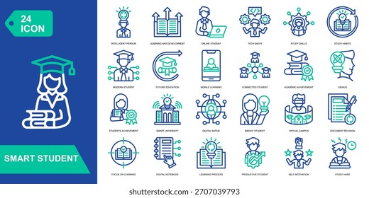 Smart Student icon collection set. Intelligent Person,Learning And Development,Online Student,Tech Savvy. Line Color Vector Icons