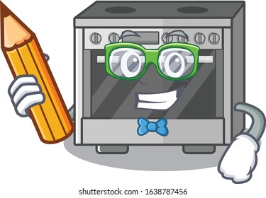 A smart Student kitchen stove character holding pencil
