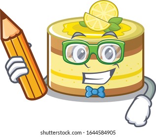 A smart Student lemon cake character holding pencil