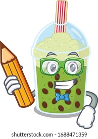 A smart student matcha bubble tea character with a pencil and glasses