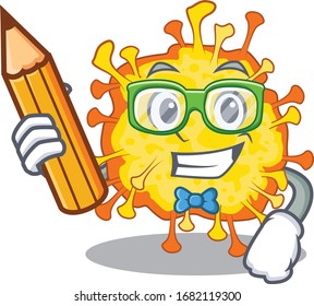 A smart student minacovirus character with a pencil and glasses