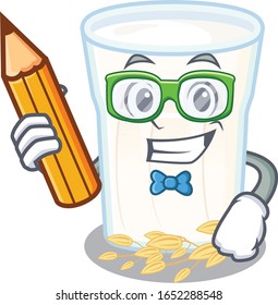 A smart Student oats milk character holding pencil